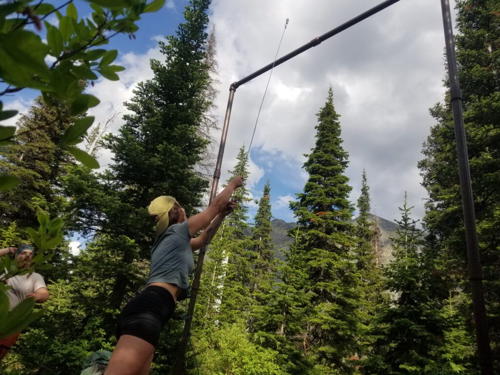 Guide Tara Clune throwing a rope over a bear hang at a Glacier National Park campground. Photo by guide Jennifer Buls