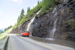 Going to the Sun Road jammer bus weeping wall