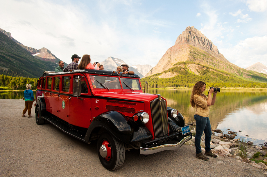 Red Bus in the Many Glacier valley
